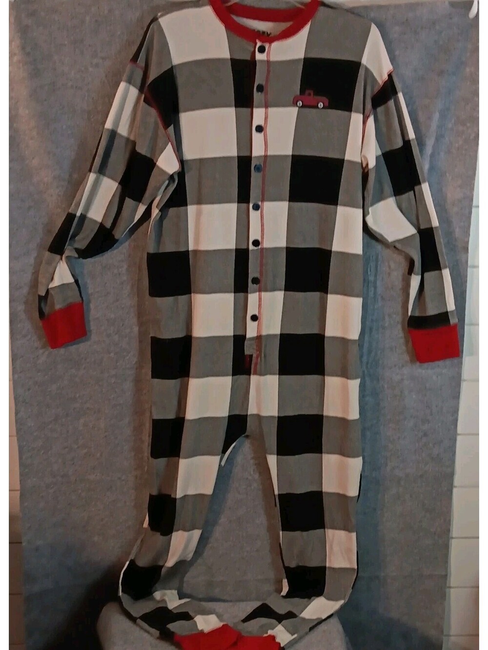 Lazy One Men's L One-Piece Plaid Cotton Knit Pajamas Button-Front Pockets